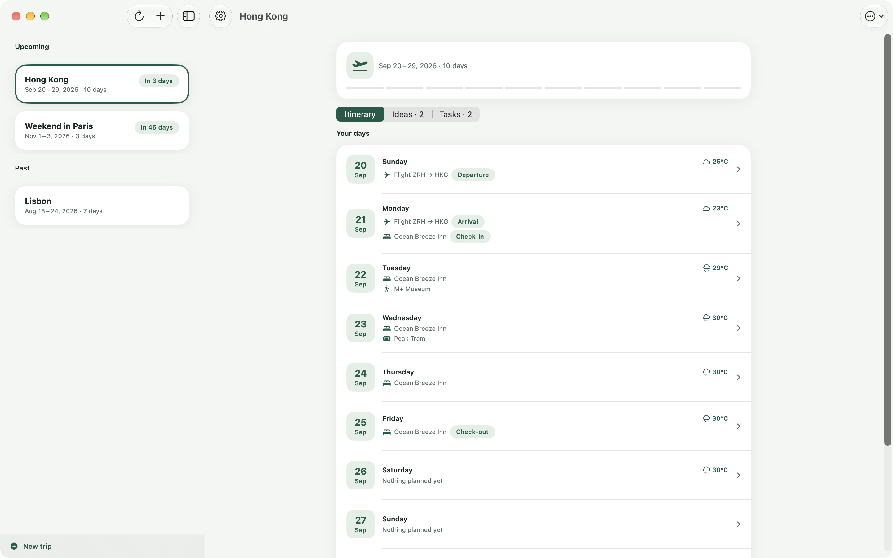 Voyalta on Mac with a trip list and daily overview