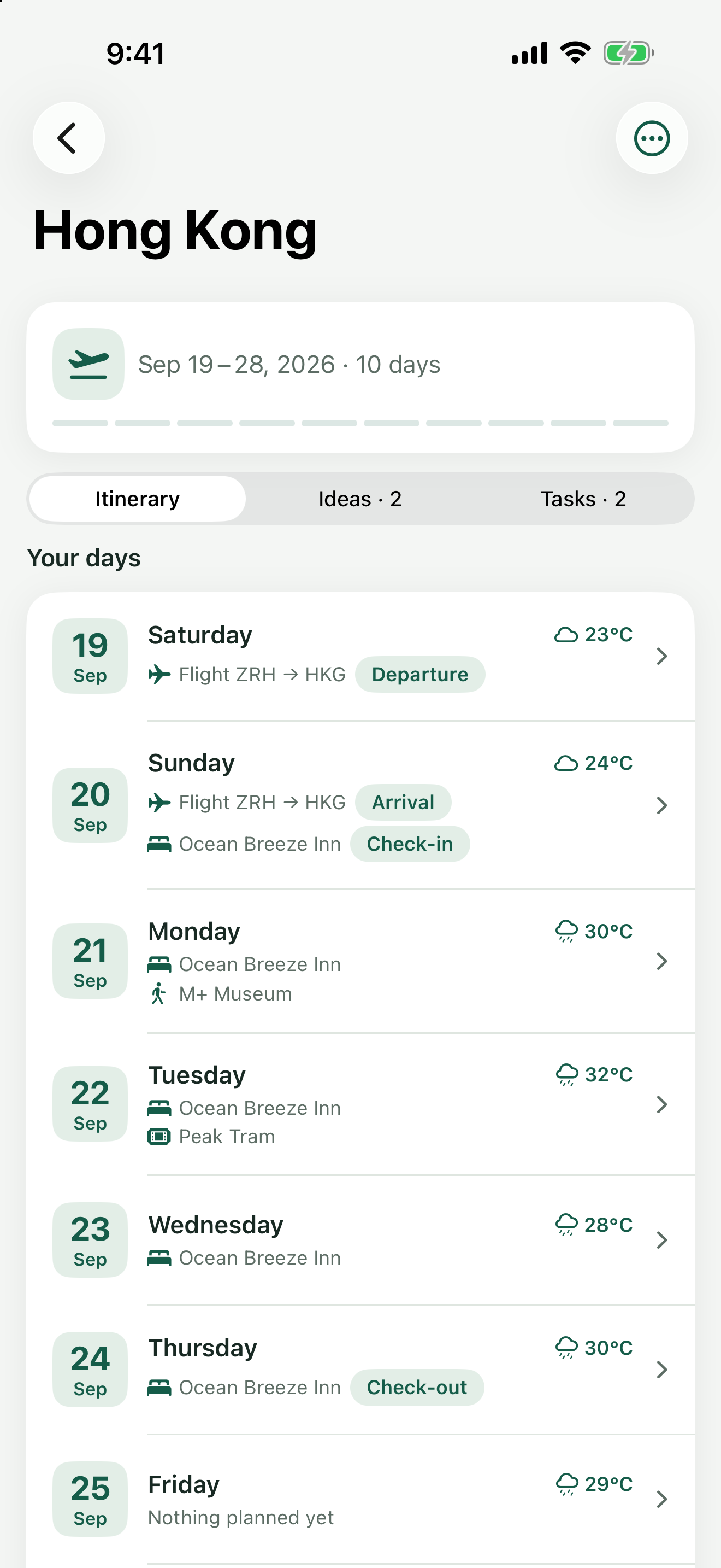 Voyalta showing a ten-day Hong Kong trip with flights, hotel and daily schedule
