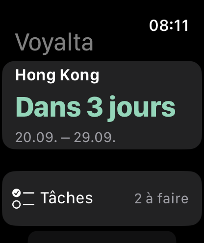 Vue d’ensemble du voyage Voyalta sur Apple Watch
