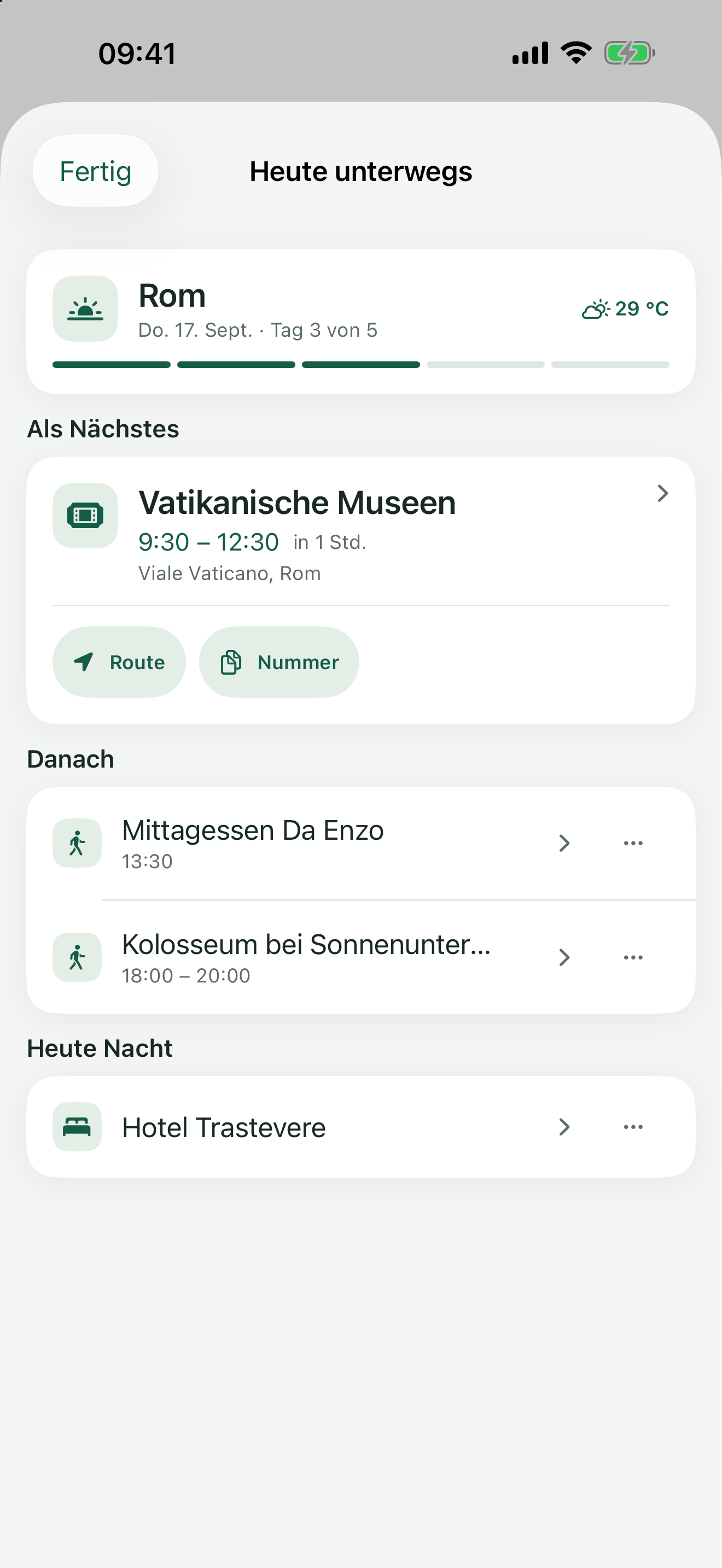 Heute unterwegs in Rom: nächster Termin, Route, Buchungsnummer und Unterkunft