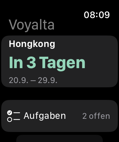 Voyalta-Reiseübersicht auf der Apple Watch