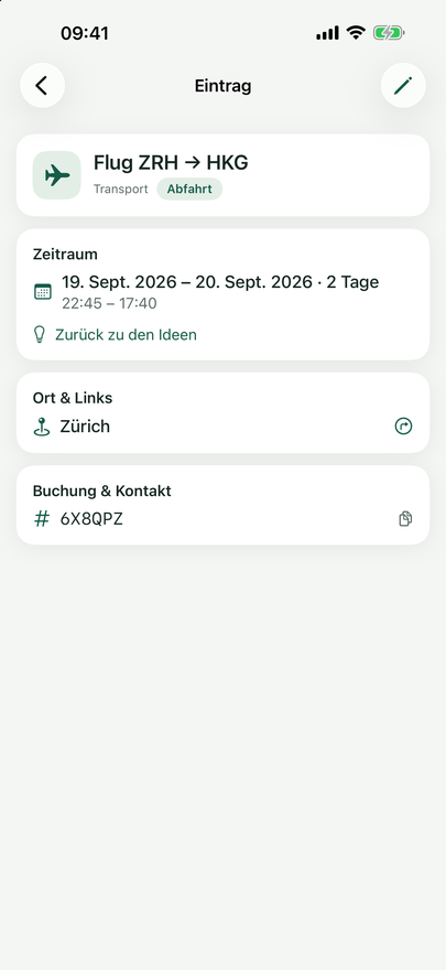 Detailansicht eines Eintrags „Flug ZRH → HKG“ mit Zeitraum, Ort und Buchungsnummer.