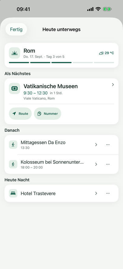 „Heute unterwegs“ mit den Abschnitten Jetzt, Als Nächstes, Heute Nacht und Ausserdem heute.