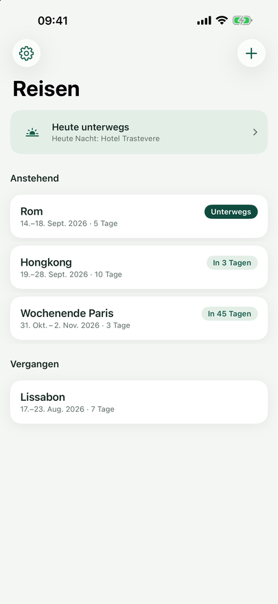 Voyalta-Reiseliste mit den Gruppen „Anstehend“ und „Vergangen“ und Abstands-Angaben wie „In 3 Tagen“.