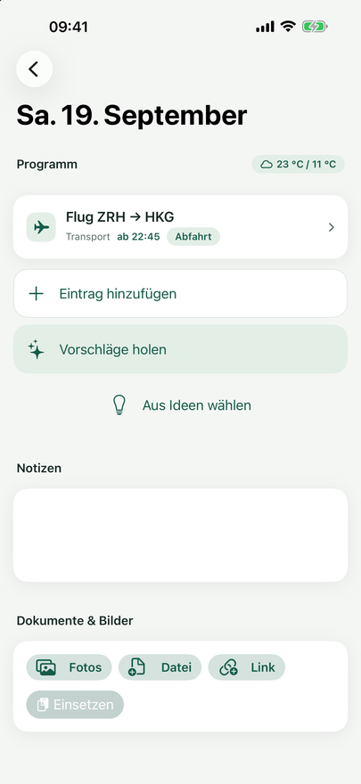 Tagesansicht „Do. 3. September“ mit Programm, Notizfeld und dem Bereich „Dokumente & Bilder“.