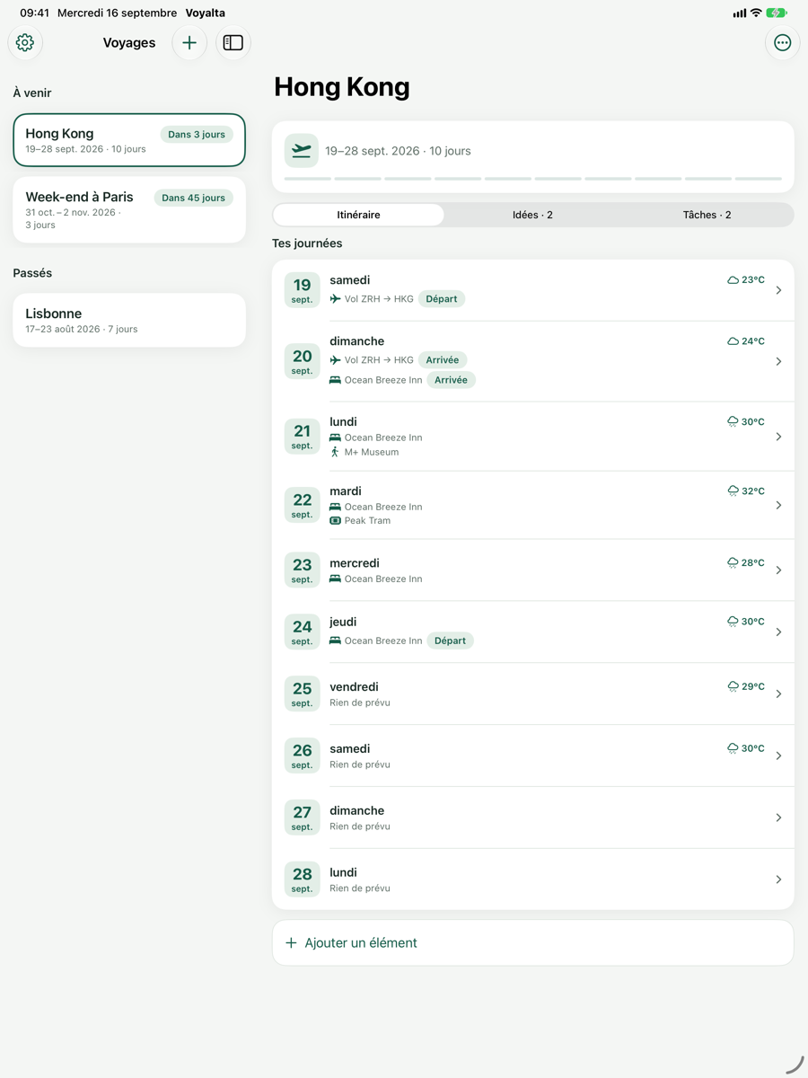 Voyalta sur iPad : à gauche la liste des voyages, à droite les journées du voyage choisi.