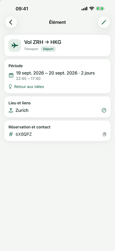 Vue détaillée d’un élément « Vol ZRH → HKG » avec période, lieu et numéro de réservation.