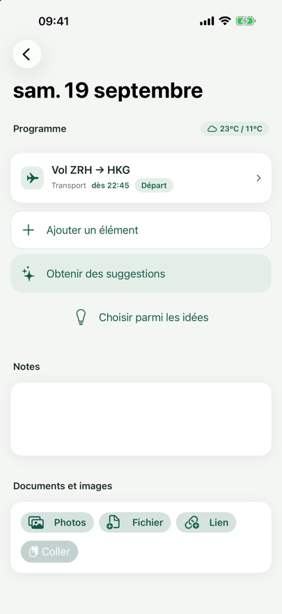 Vue de la journée « jeu. 3 septembre » avec le programme, le champ de notes et la zone « Documents & images ».