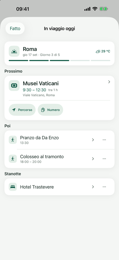 «In viaggio oggi» con le sezioni Adesso, Poi, Stanotte e Inoltre oggi.