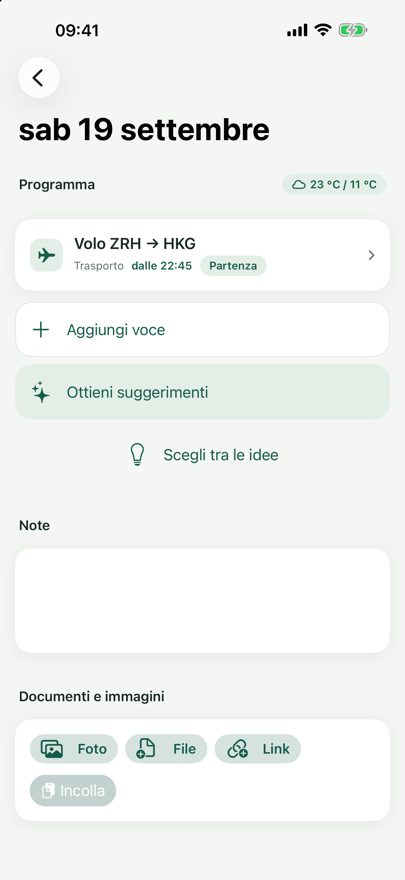 Vista del giorno «gio 3 settembre» con programma, campo note e l’area «Documenti e immagini».
