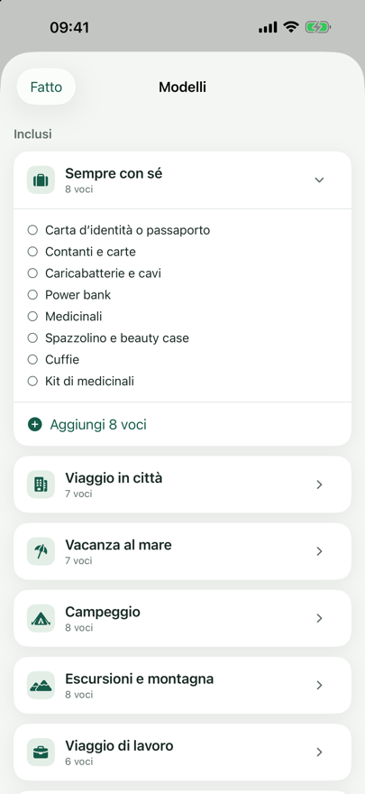 Il pannello «Modelli» con la lista aperta «Sempre con sé» e il pulsante «Aggiungi 8 punti».